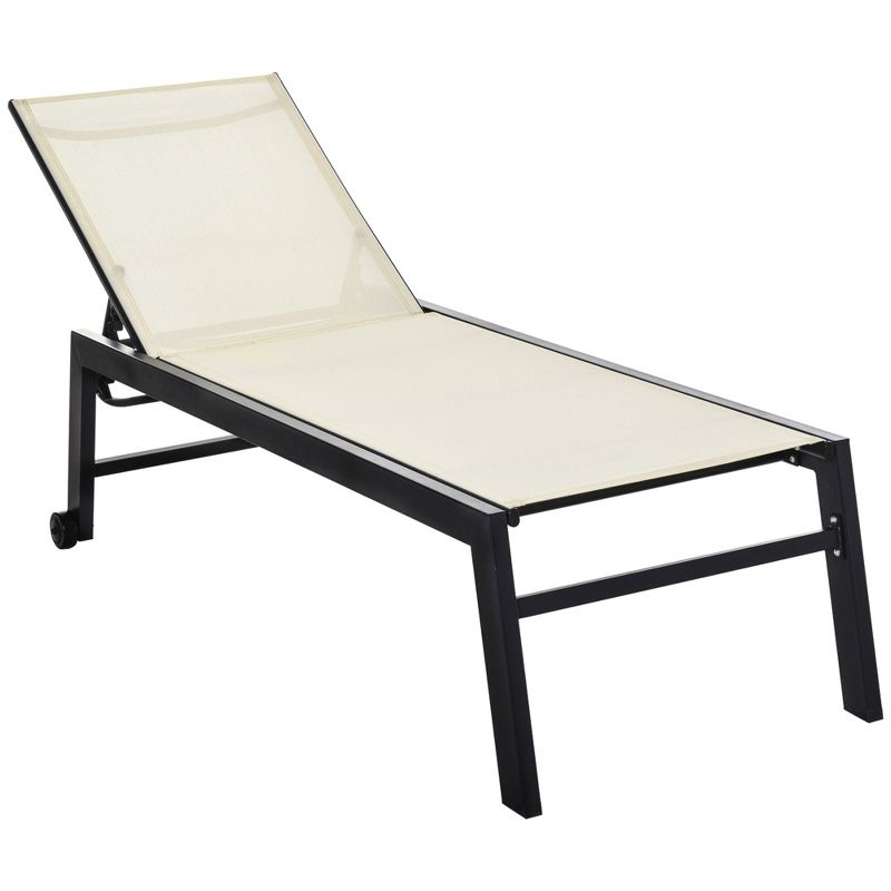 Outsunny Chaise Lounge Outdoor Pool Chair with Wheels, Five Position Recliner for Suntanning, Sunbathing, Steel Frame, Breathable Fabric, Cream White