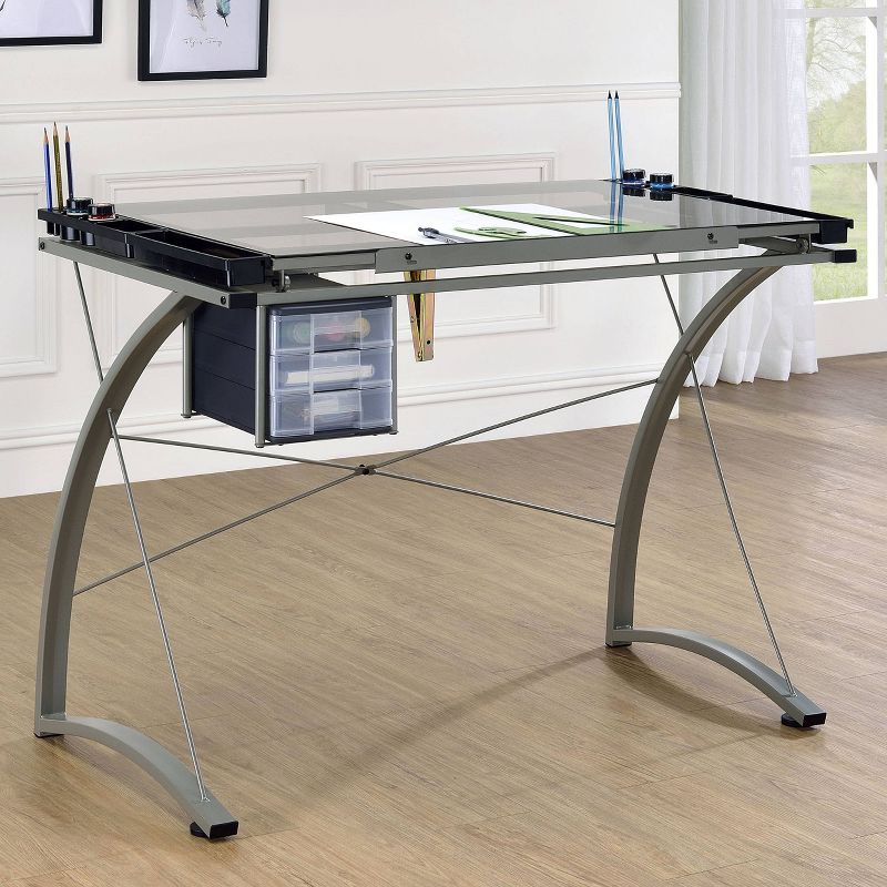 Melo 3 Drawer Glass Top Drafting Desk with Supply Storage Silver - Coaster