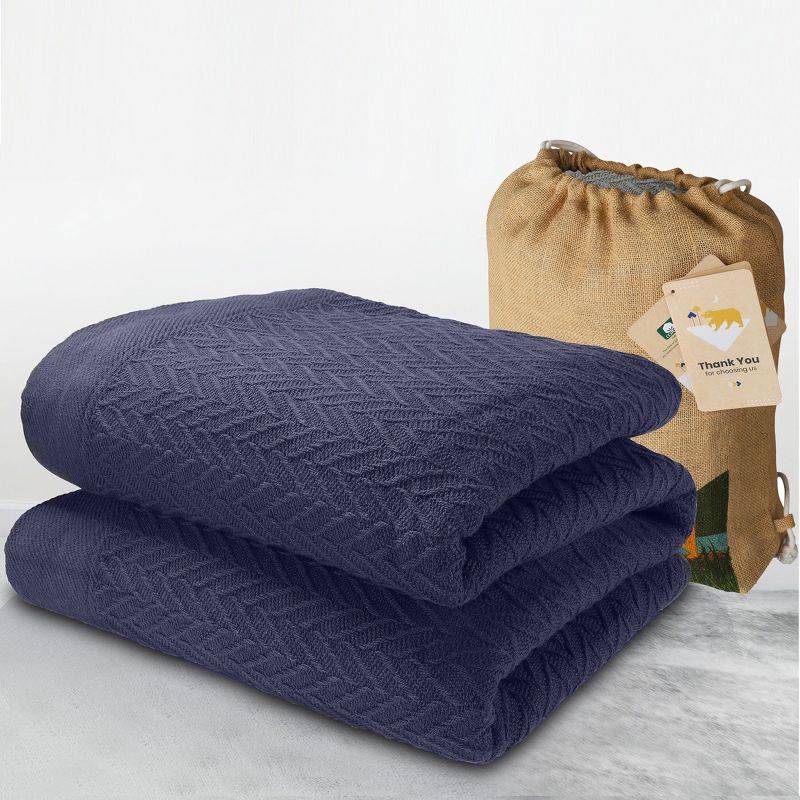 Bed Blanket | Soft 100% Cotton | Herringbone Design | All-Season Thermal Layering by California Design Den - Navy, Twin (62" x 94")