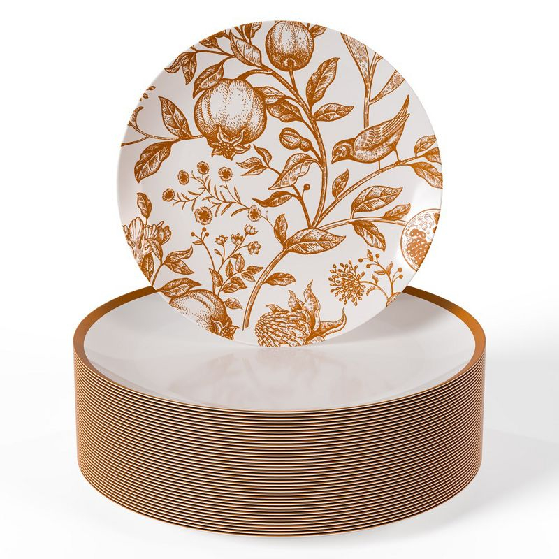 Trendables Plastic Disposable Plate Set 40 x 8" and 40 x 10" Brown and White Thanksgiving Plate with Pomegranate Design