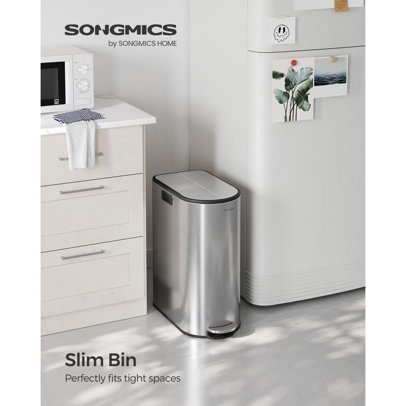 SONGMICS 13-Gal ( 50L ) Dual Kitchen Trash Can,Garbage Can with Wing Lids, Stainless Steel, Soft Close, Inner Buckets, with 15 Trash Bags, Silver