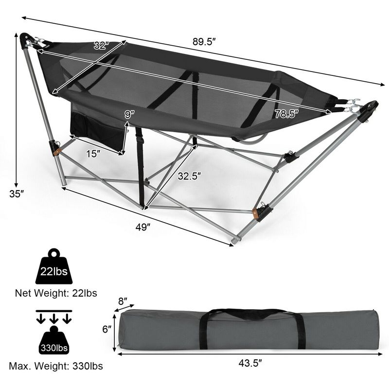 Costway Folding Hammock Indoor & Outdoor Hammock with Side Pocket & Iron Stand Grey