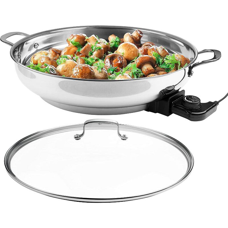 CucinaPro XL Electric 16" Skillet- 18/10 Stainless Steel Frying Pan w Lid and Handle, Round - Includes Recipe Guide- Great Gift for Cooks
