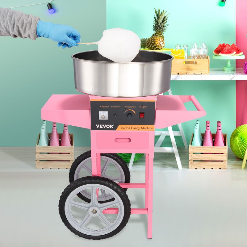 VEVOR Electric Cotton Candy Machine with Cart, 1000W Commercial Floss Maker with Stainless Steel Bowl, Sugar Scoop and Drawer, Pink