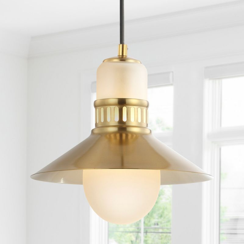 JONATHAN Y Colin 9.75" Adjustable Iron/Glass Retro Hurricane LED Pendant, Brass Gold