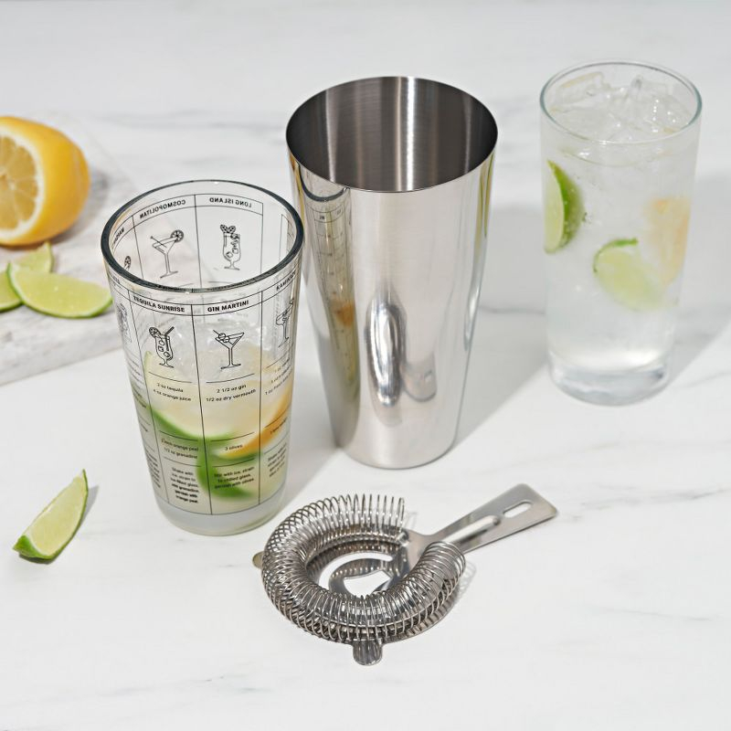True 3-Piece Barware Set with 7 Cocktail Recipes and Measurements Printed on Mixing Glass, Glass and Stainless Steel, Multicolor