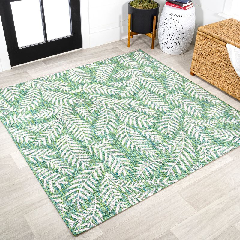5' x 5' Nevis Palm Frond Indoor/Outdoor Area Rug, Cream/Green - JONATHAN Y