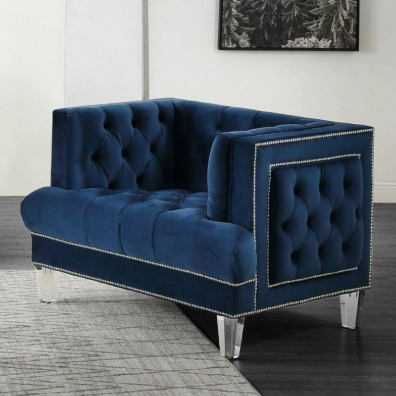 41" Ansario Chair Blue Velvet - Acme Furniture: Acrylic Legs, Nail-Head Trim, Tufted Square Back