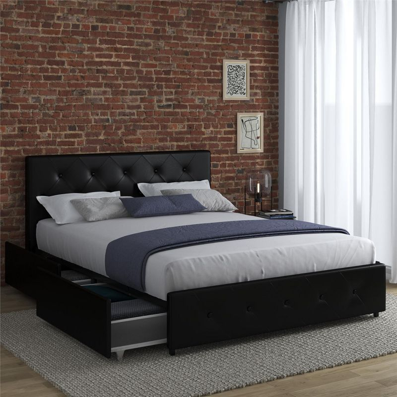 DHP Dakota Upholstered Bed with Storage Drawers, Black Faux Leather, Queen