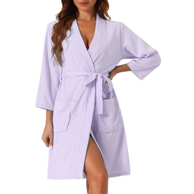 cheibear Women's Mid-Length Two Pockets Soft Spa & Bath Waffle Robes With Belt Purple Small