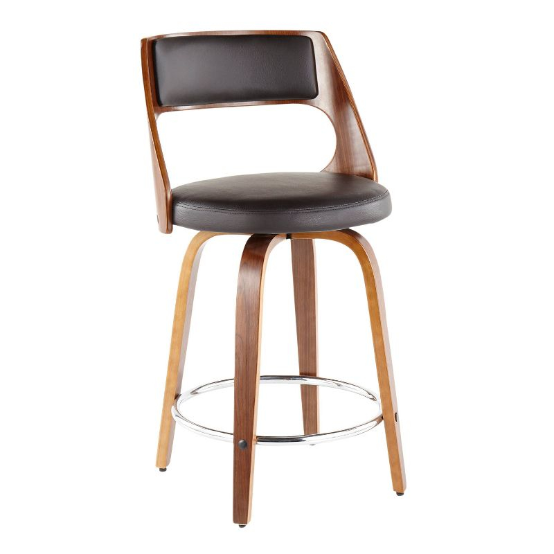 Set of 2 Cecina Upholstered Counter Height Barstools Brown/Walnut - Lumisource: Chrome Footrest, Swivel Seat, Wood Frame