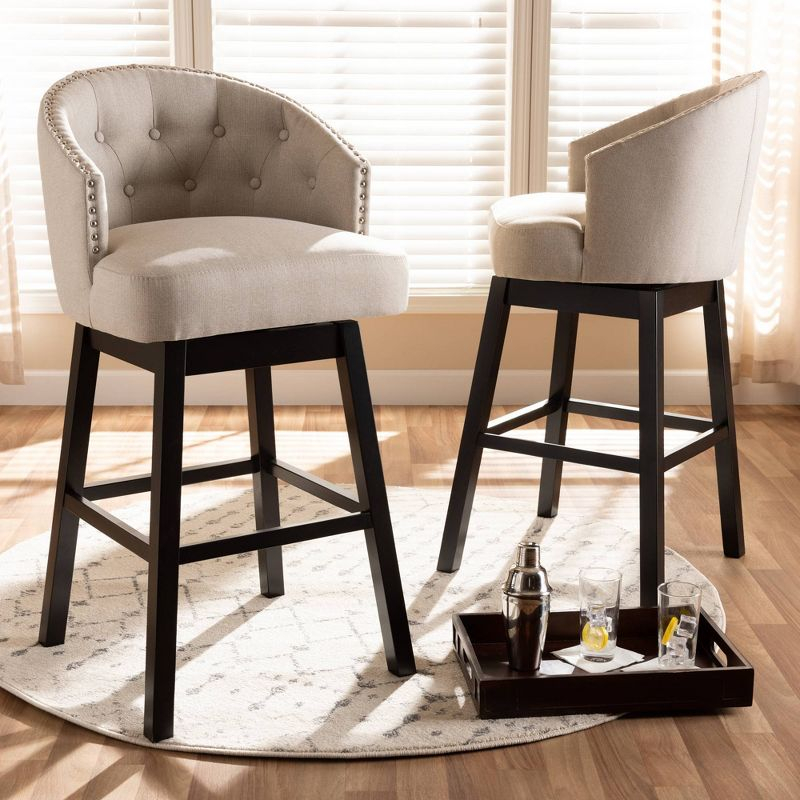 Set of 2 Theron Swivel Barstools Beige: Upholstered with Back, Rubberwood Frame - Baxton Studio