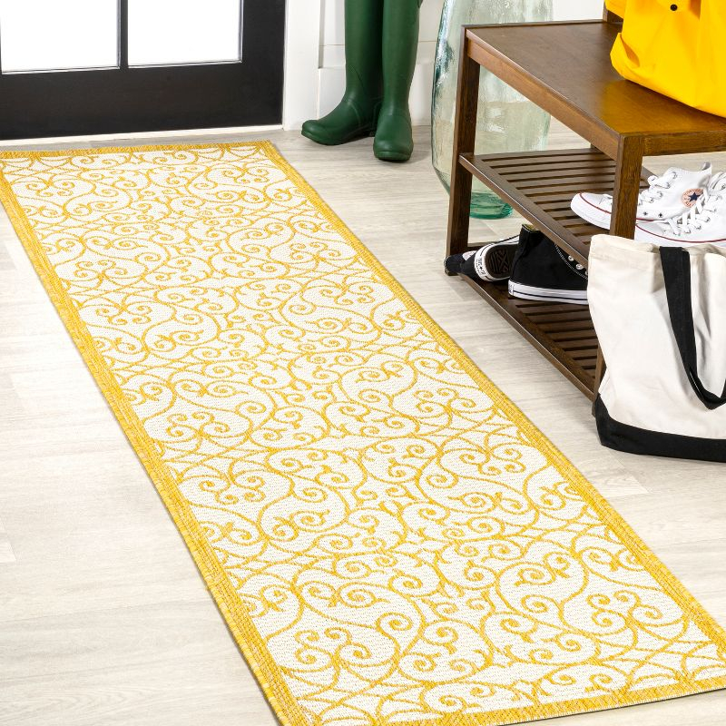 2' x 8' Madrid Vintage Filigree Textured Weave Indoor/Outdoor Runner Rug, Cream/Yellow - JONATHAN Y