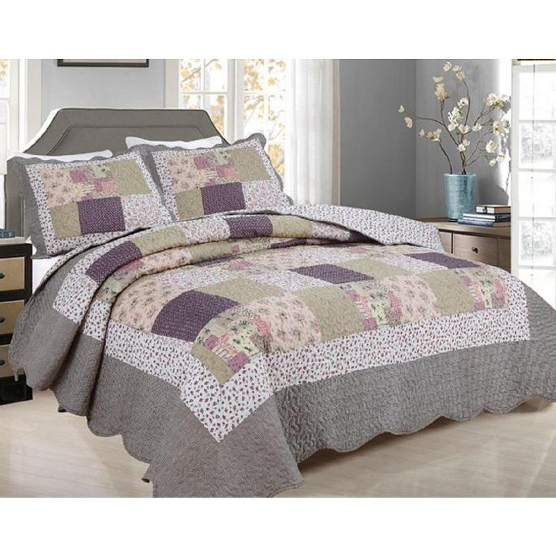 J&V TEXTILES Gray Patchwork Patchwork Traditional Printed Reversible Premium Quilt Sets (3-Piece Full/Queen)