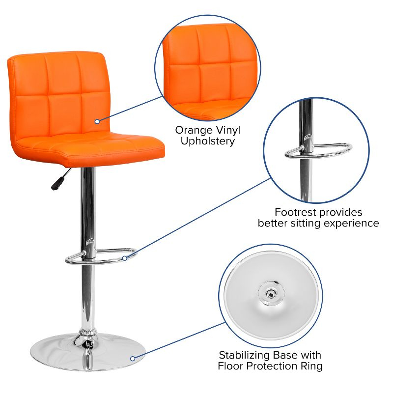 Flash Furniture Contemporary Orange Quilted Vinyl Adjustable Height Barstool with Chrome Base