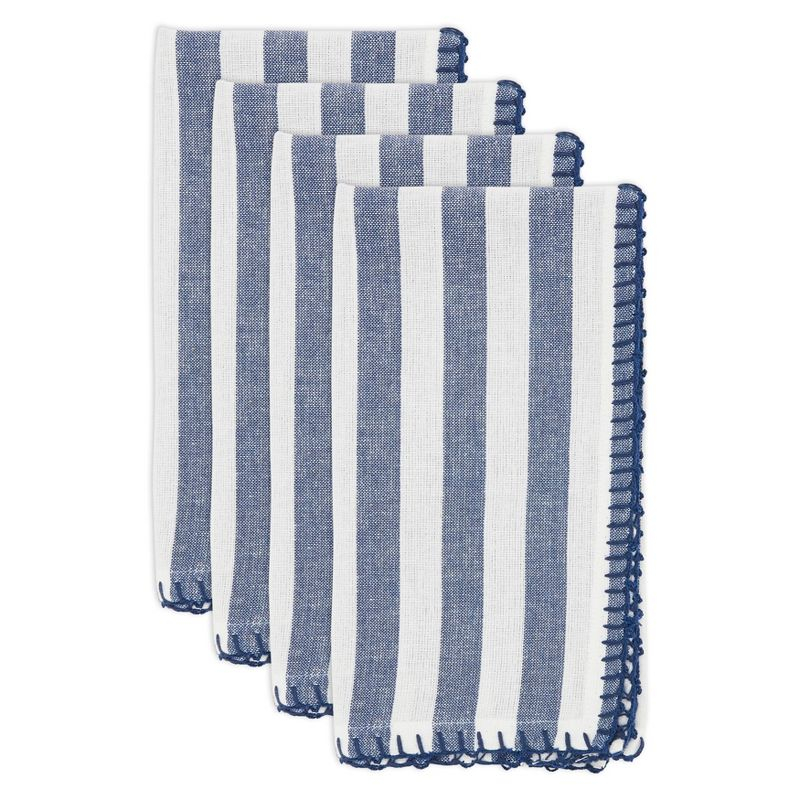 Saro Lifestyle Lively Pompom Border Striped Cotton Napkin (Set of 4), Blue, 20"x20"