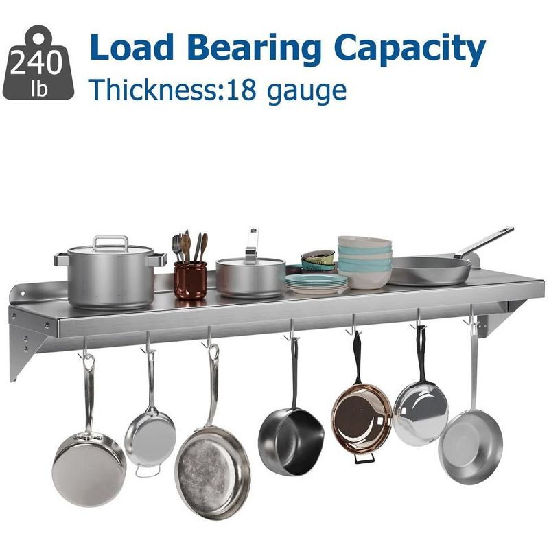 Whizmax Metal Storage Rack with Backplash for Kitchen,12" x 60" Stainless Steel Wall Mount Shelf with 5 Hooks
