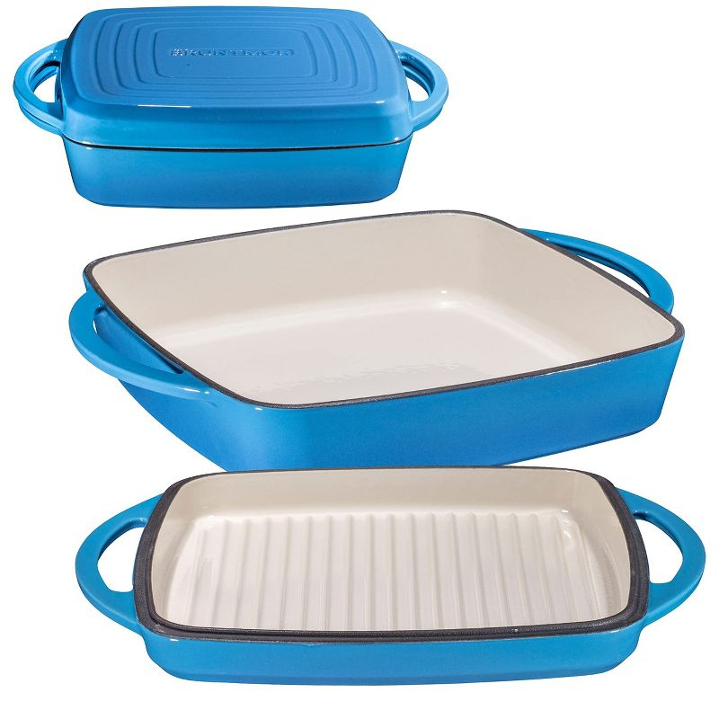 Bruntmor 2-in-1 Pre-seasoned Square Cast Iron Dutch Oven With Dual Handles, Blue