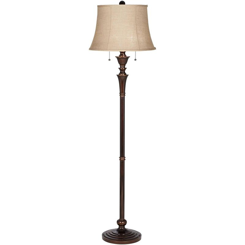 Regency Hill Brooke Rustic Vintage Retro Floor Lamp Standing 60" Tall Rich Bronze Copper Burlap Bell Shade for Living Room Bedroom Office House Home