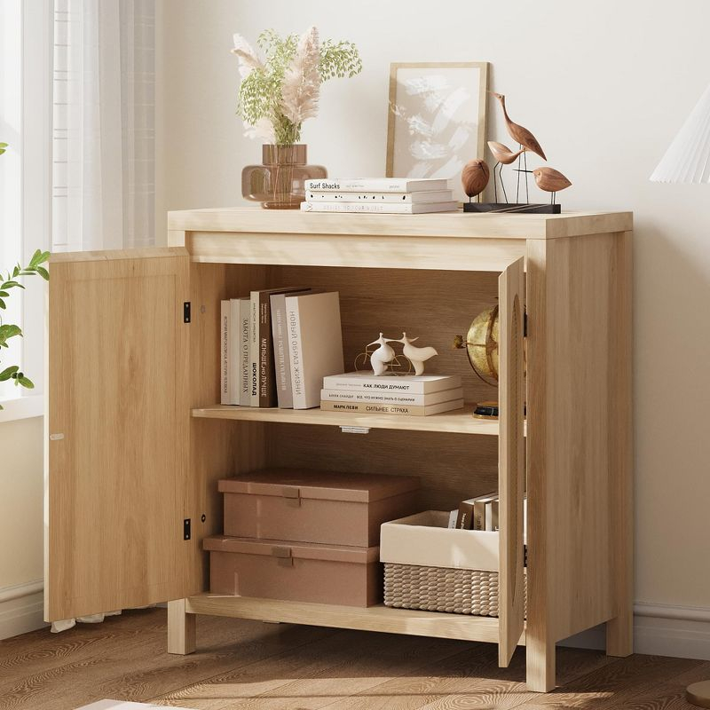 Rattan Storage Cabinet, Wooden Sideboard Buffet Cabinet with Doors and Shelves, Small Console Cabinet with Storage