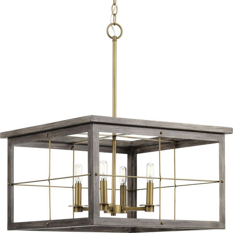 Progress Lighting, Hedgerow Collection, 4-Light Chandelier, Distressed Brass, Windowpane Design