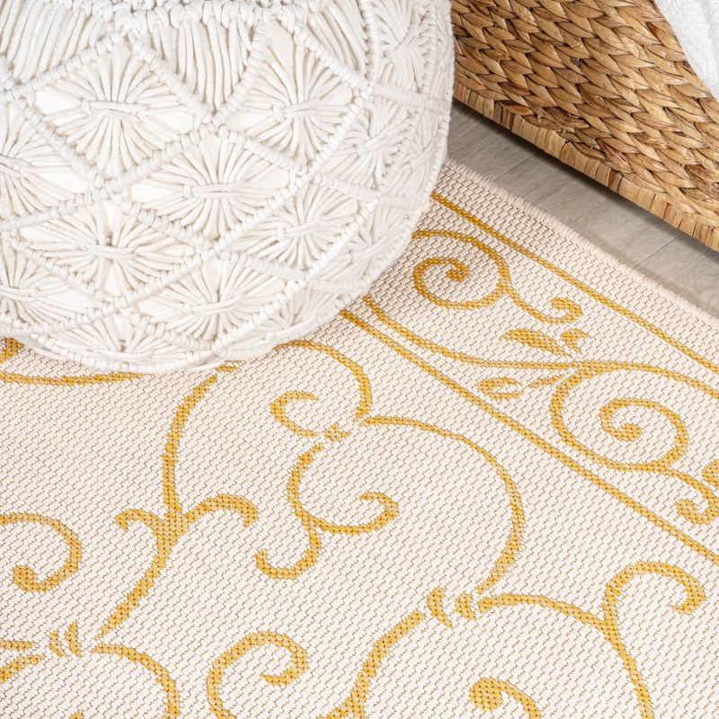 5' x 5' Charleston Vintage Filigree Textured Weave Indoor/Outdoor Area Rug, Cream/Yellow - JONATHAN Y