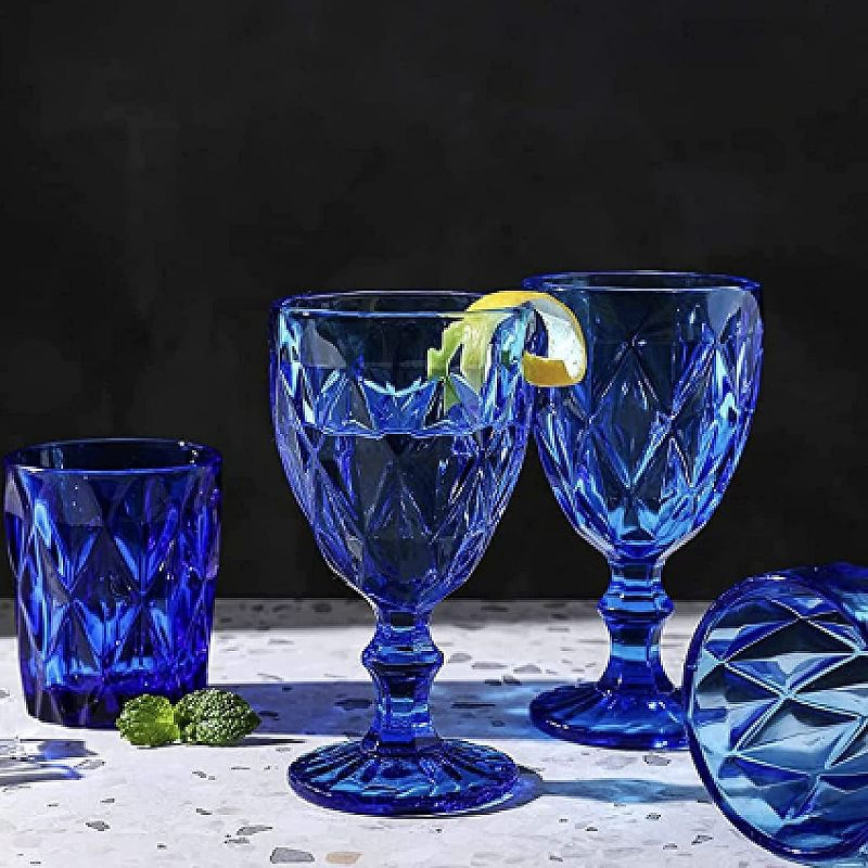 WHOLE HOUSEWARES 9.5 Oz Blue Colored Vintage Glass Drinkware Set | Set of 6, Cobalt Blue