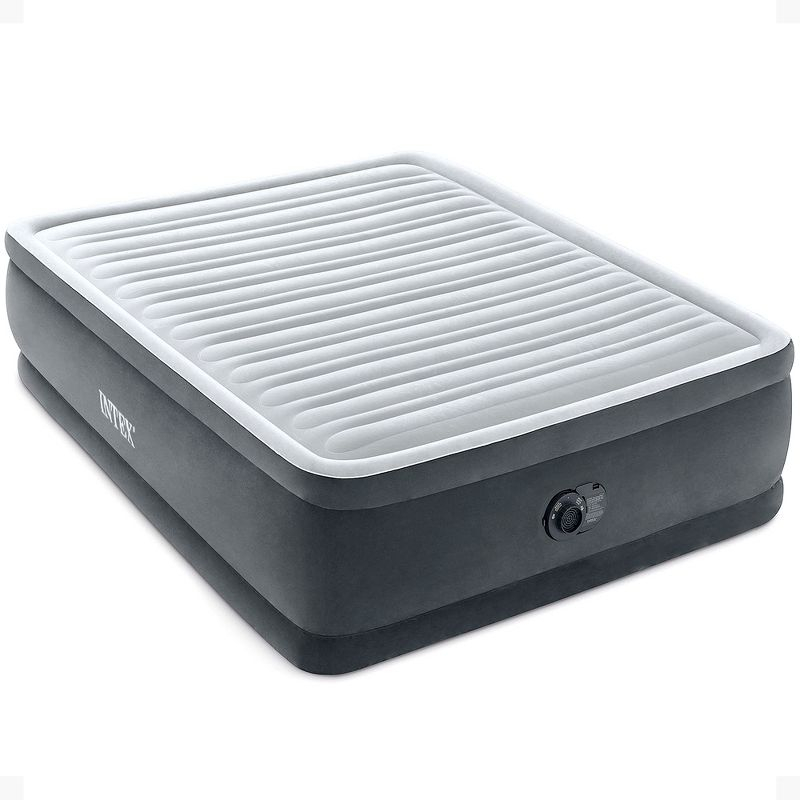 INTEX Dura-Beam Deluxe Comfort-Plush Elevated Air Mattress: Fiber-Tech – Queen Size – Built-in Electric Pump – 18in Bed Height – 600lb Weight Capacity