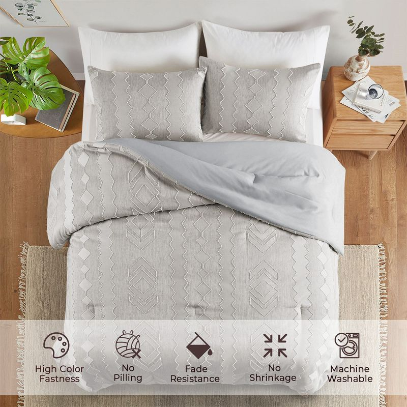 Peace Nest 3 Piece Tufted Embroidery Comforter Set Soft Clipped Microfiber Year-Round Warmth Geometric Design, Khaki, Full/Queen