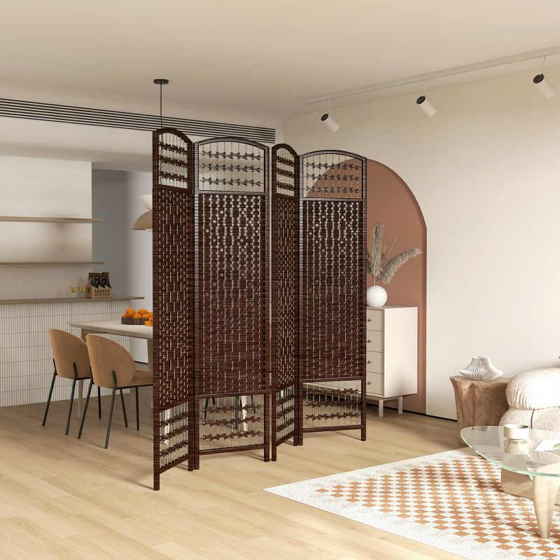 HOMCOM 4 Panel Room Divider, Folding Privacy Screen, 5.6' Room Separator, Wave Fiber Freestanding Partition Wall Divider, Brown