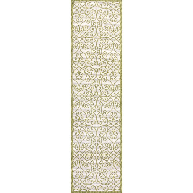 2' x 10' Madrid Vintage Filigree Textured Weave Indoor/Outdoor Runner Rug, Green/Cream - JONATHAN Y
