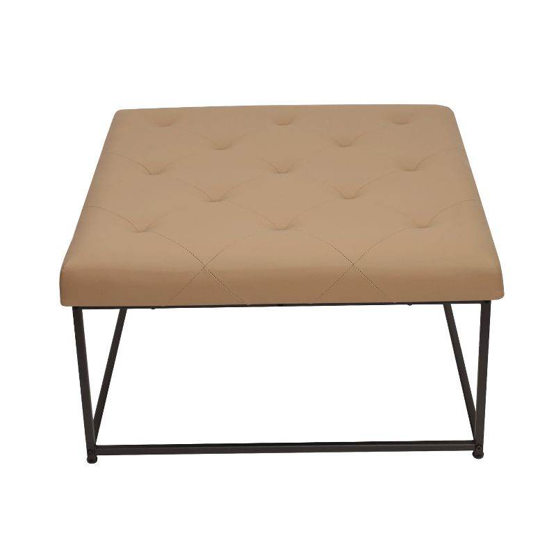 Emma and Oliver 30 in. Faux Leather Square Ottoman with Tufted Design and Sturdy Iron Frame, Light Brown Faux Leather/Black Frame