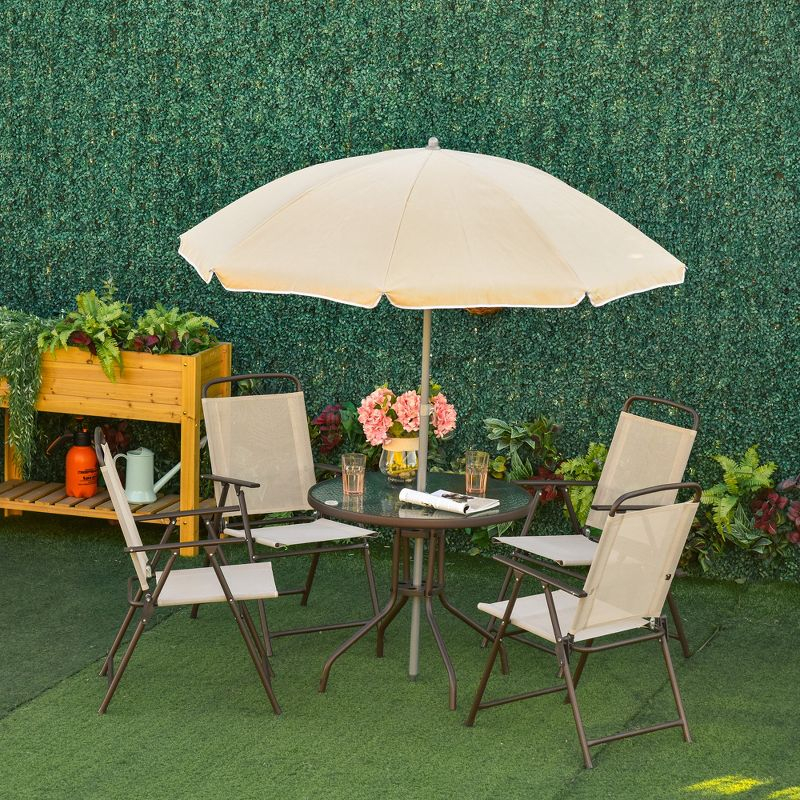 Outsunny 6 Piece Patio Dining Set for 4 with Umbrella, 4 Folding Dining Chairs & Round Glass Table for Garden, Backyard, and Poolside, Beige
