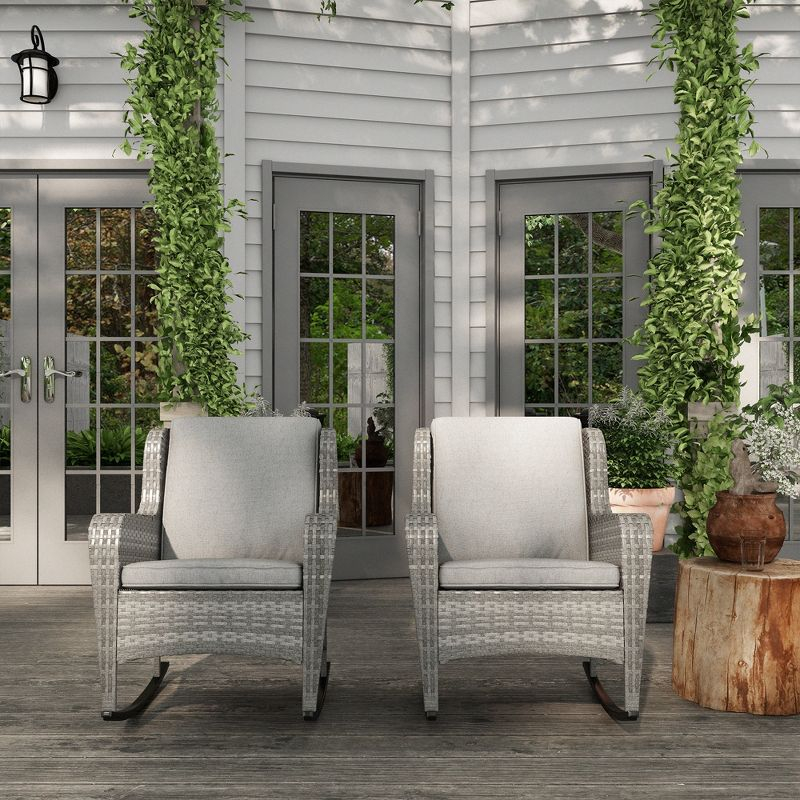 Outsunny 2 Piece Patio Wicker Rocking Chairs, Outdoor PE Rattan Swing Chairs w/ Soft Cushions for Garden, Patio, Lawn, Gray