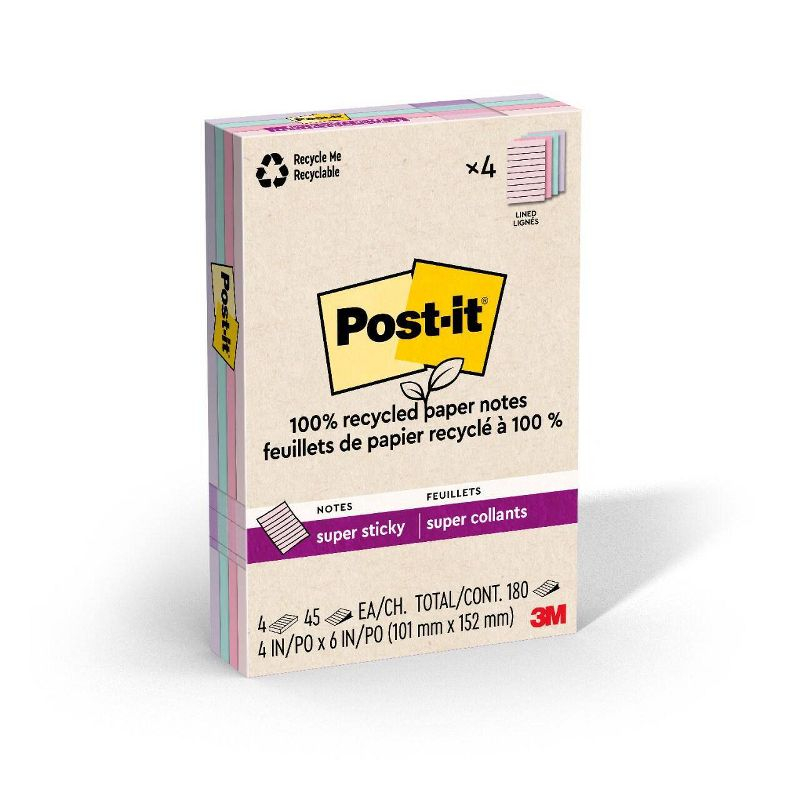 Post-it Recycled Super Sticky Notes 4"x6" Pastels: Large Unbound Multicolored Sticky Notes, 180 Sheets, 100% Recycled Paper