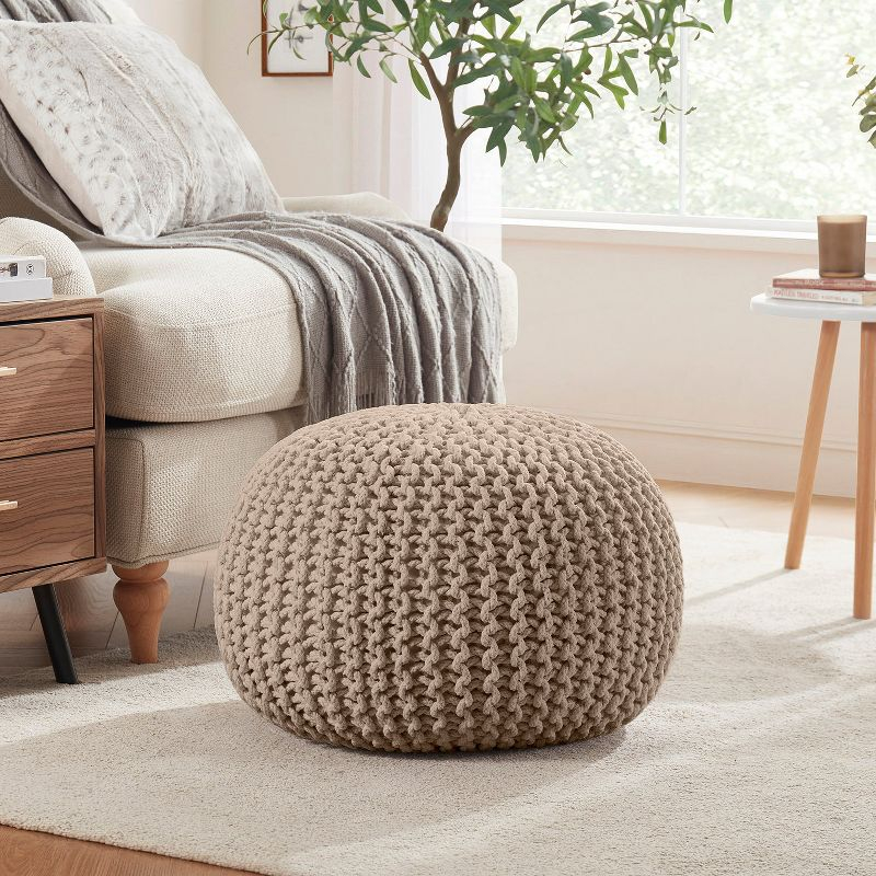 Ornavo Home Cotton Classic Braid Pouf Ottoman - 15" x 18.5" - White
