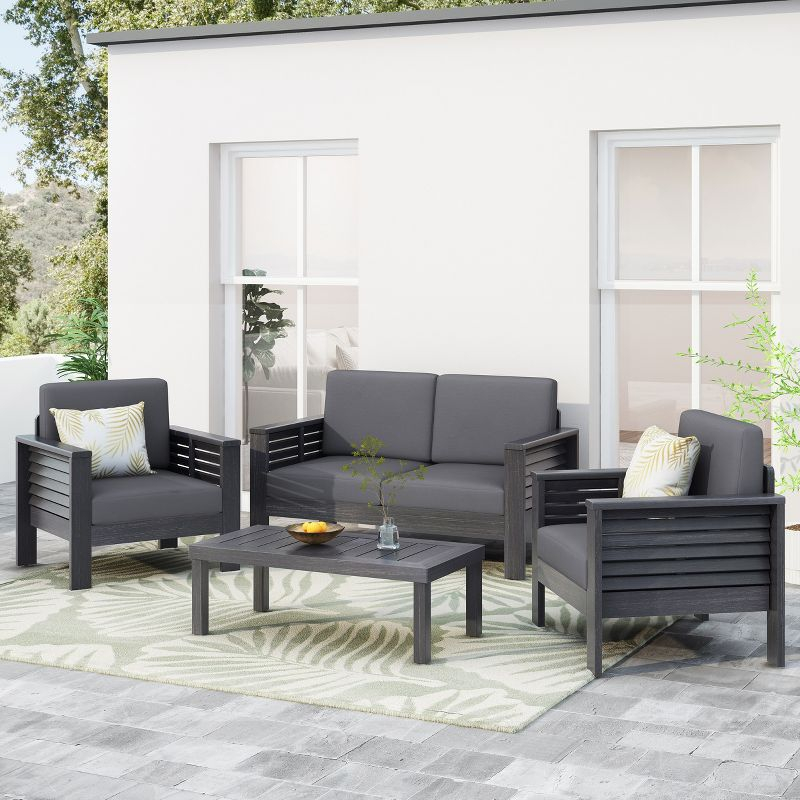Christopher Knight Home Rabun Outdoor Acacia Wood 4 Seater Chat Set with Cushions, Dark Gray