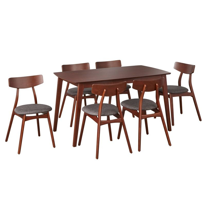 7pc Archer Rectangular Dining Set Walnut/Gray - Buylateral: Mid-Century Modern, Polyester Upholstery, Wood Frame