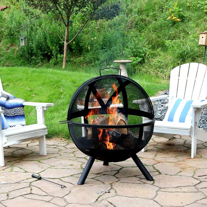 Sunnydaze Outdoor Portable Camping or Backyard Flaming Sphere Ball Fire Pit with Built-In Spark Screen - 30" - Black