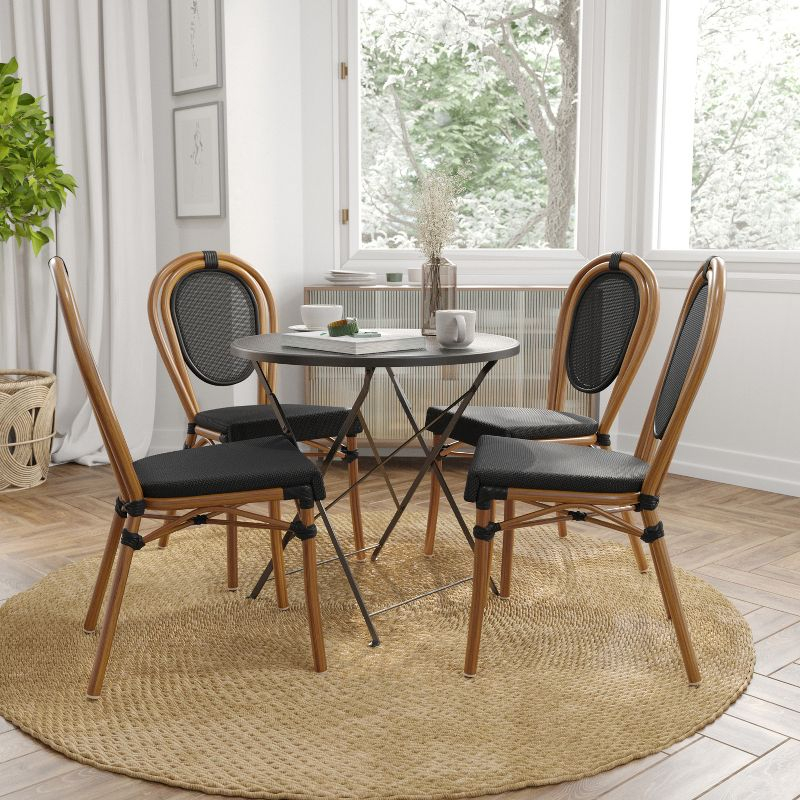 Merrick Lane Mael Set of Four Stacking Thonet Bistro Style Chair with Arms, Black & White Textilene Seat, & Bamboo Metal Frame for Indoor/Outdoor Use