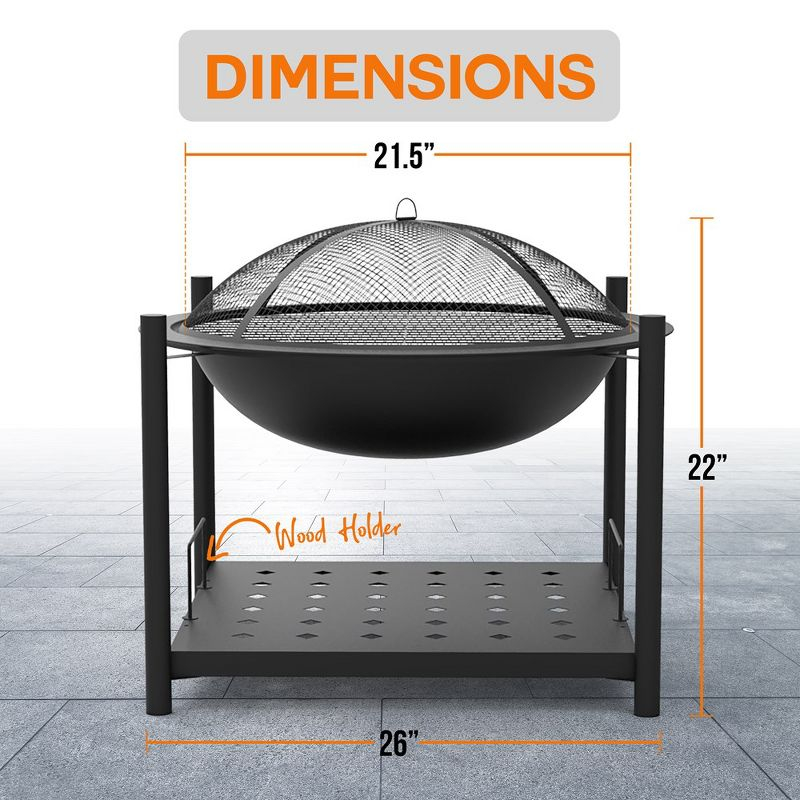 SereneLife Portable Outdoor Wood Fire Pit - 2-in-1 Steel BBQ Grill 26" Wood Burning Fire Pit Bowl w/ Mesh Spark Screen, Cover Log Grate SLCARFP54