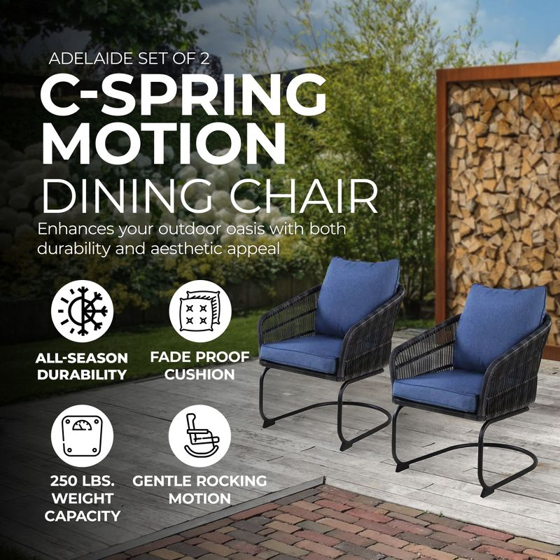Four Seasons Courtyard Adelaide Set of 2 C Spring 250 Pound Capacity Rocking Motion Dining Chairs with Steel Frame and Olefin Cushions, Blue