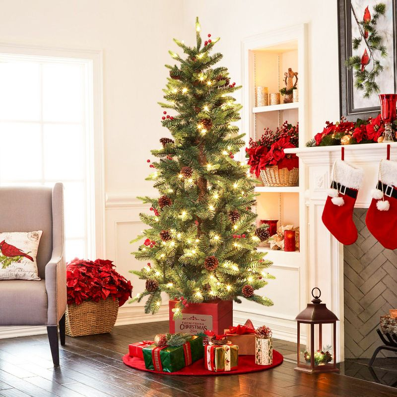 LuxenHome Lighted Berry and Pinecone Rustic Red Lantern Holiday Decoration, Tabletop and Centerpiece, Battery-Operated