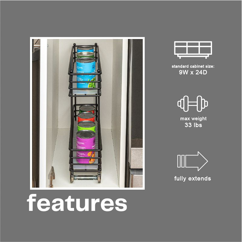 Glidez Multipurpose Paint-Finished Steel Pull-Out/Slide-Out Storage Organizer with Plastic Liners for Under Cabinet Use - 2-Tier Design - Black