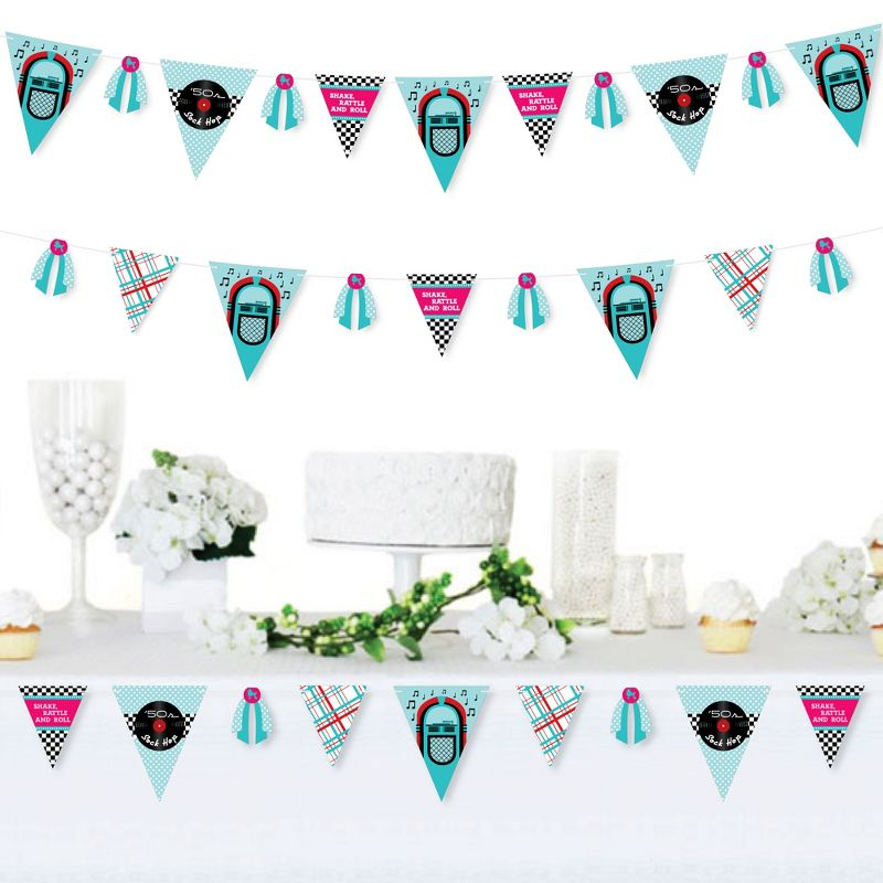 Big Dot of Happiness 50's Sock Hop - DIY 1950s Rock N Roll Party Pennant Garland Decoration - Triangle Banner - 30 Pieces