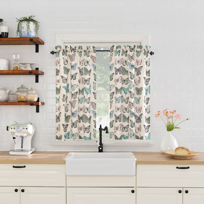 2pc 56"x24" No. 918 Sheer Magdalena Butterfly Print Rod Pocket Kitchen Curtain Tier Pair: Polyester, Machine Washable