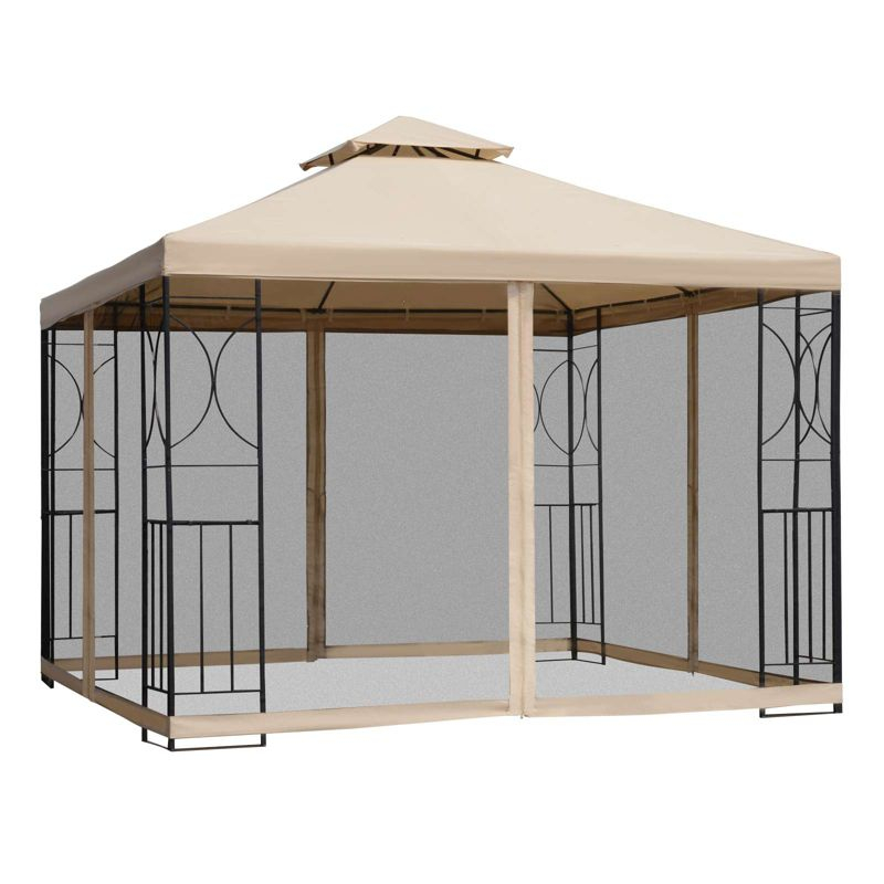 Outsunny 10' x 10' Steel Outdoor Patio Gazebo Canopy with Privacy Mesh Curtains, Weather-Resistant Roof, & Storage Trays