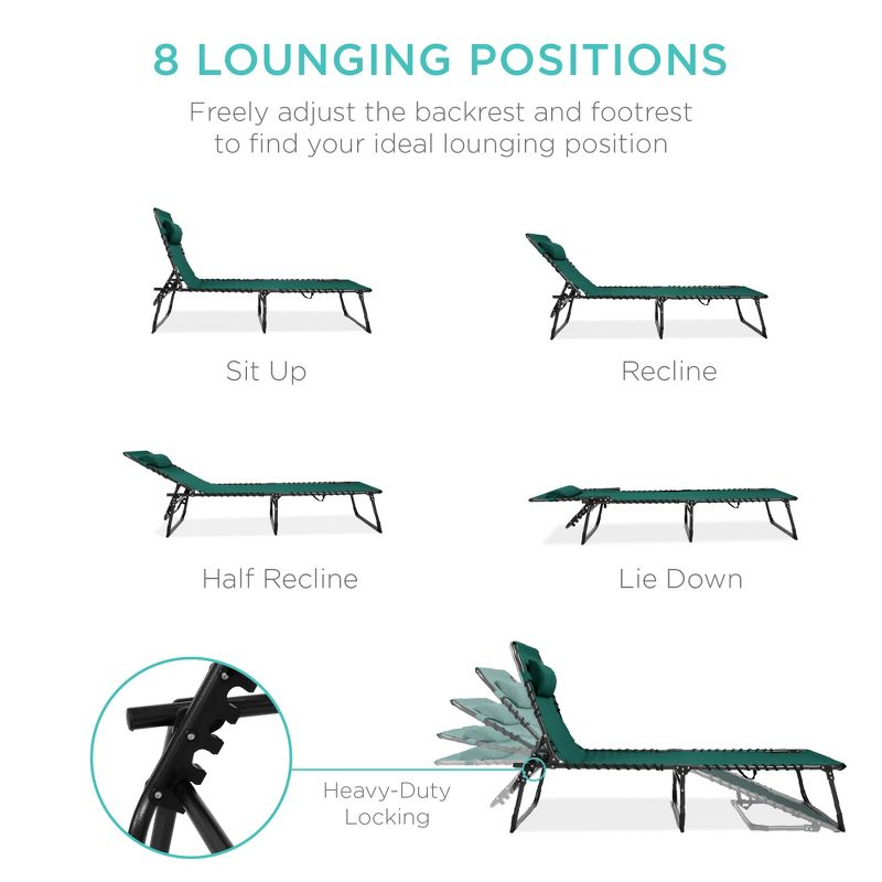 Best Choice Products Patio Chaise Lounge Chair, Outdoor Portable Adjustable Pool Recliner w/ Pillow - Forest Green