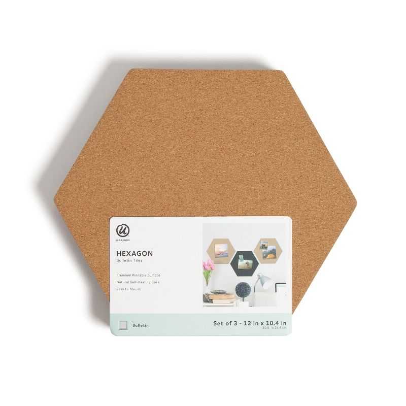 U Brands 3ct Hexagon Cork Bulletin Board Tiles: Small Corkboard for Wall, Dorm Bulletin Board, 11.5" x 10.25", Brown