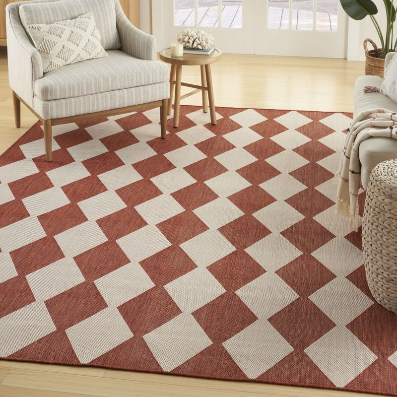 Nourison Positano Retro Diamond Flatweave Indoor Outdoor Low Pile Area Rug Terracotta 7' x 10'